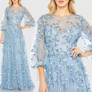 Mac Duggal 79399 Size 4 Blue Floral Embroidered Puff Sleeve A-Line Gown Dress‎
